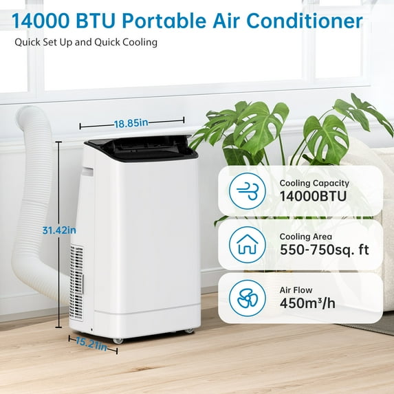 Homhougo 14000 BTU Portable Air Conditioner, Dehumidifier, Fan with Remote Control 9,300 BTU (DOE), Quiet Floor AC Unit Cools Rooms up to 700 sq ft with 3-Speed Wind for Bedroom Home Office