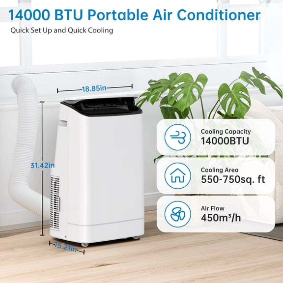 Homhougo 14000 BTU Portable Air Conditioner, Dehumidifier, Fan with Remote Control 9,300 BTU (DOE), Quiet Floor AC Unit Cools Rooms up to 700 sq ft with 3-Speed Wind for Bedroom Home Office