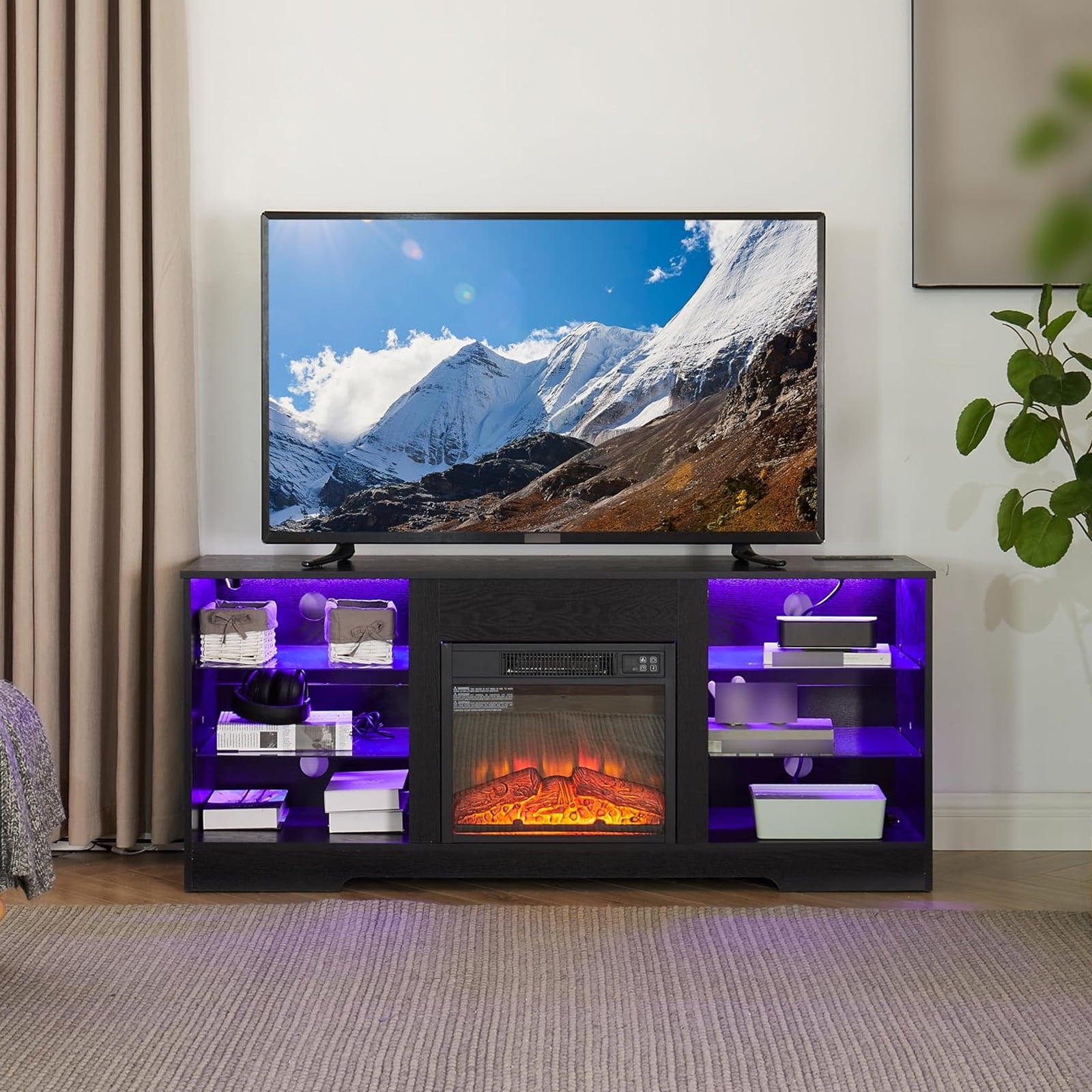 Homhougo 14000W Electric Fireplace TV Stand for 55 inch TV, Entertainment Center with 18'' Fireplace and LED Lights, 7 Flame Color Setting TV Console with Open Glass Shelf, Black