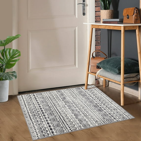 Homhougo—2' x 3' Small Moroccan Rug Entryway Boho Rug Indoor Geometric Bohemian Mat Low Pile Non Slip Mat for Kitchen Bedroom, Grey