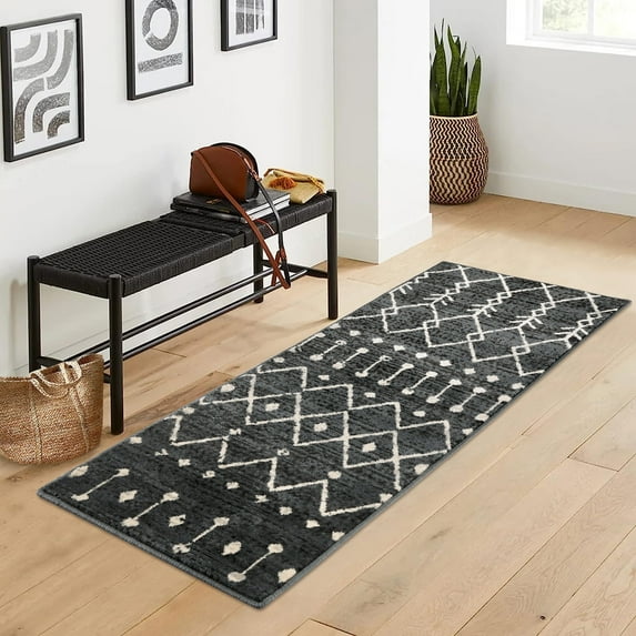 Homhougo—2' x 6' Hallway Runner Rug Indoor Moroccan Geometric Pattern Rug Runner Wilton Weaving Technique Non-Slip Soft Rug Home Decor, Gray