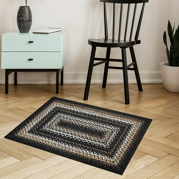 Homhougo 2'x4' Washable Runner Rug, Vintage-Inspired Braided Print Rug, Non-Slip Low Pile Carpet for Entryway, Kitchen, Bedroom, Laundry, and Hallway, Black