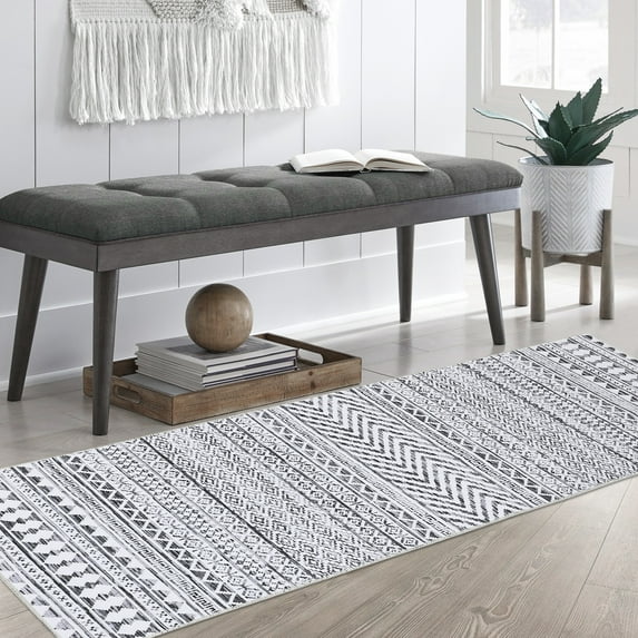 Homhougo 2'x7' Boho Washable Rug, Moroccan Vintage Low-Pile Area Rug, Non-Slip Backing Accent Mat for Bedroom, Kitchen, Living Room, Laundry, or Entryway, Light Gray