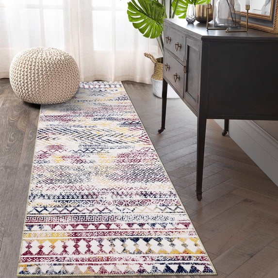 Homhougo 2'x8' Boho Washable Rug, Moroccan Vintage Low-Pile Area Rug, Non-Slip Backing Accent Mat for Bedroom, Kitchen, Living Room, Laundry, or Entryway, Red