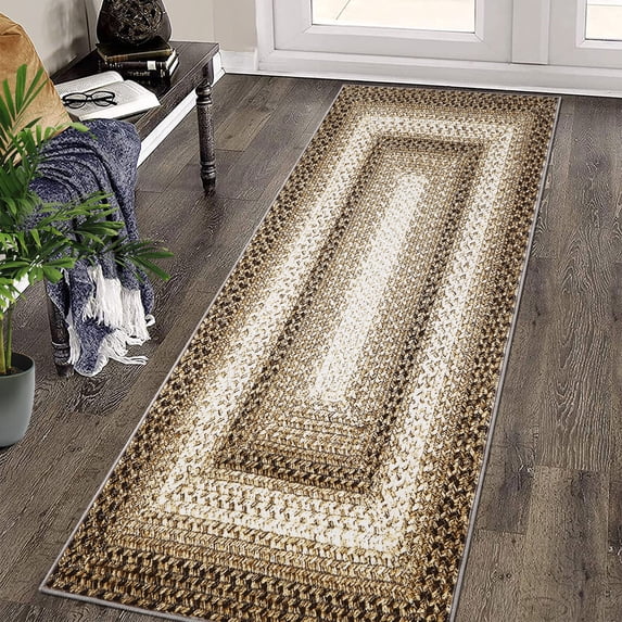 Homhougo 2'x8' Washable Runner Rug, Vintage-Inspired Braided Print Rug, Non-Slip Low Pile Carpet for Entryway, Kitchen, Bedroom, Laundry, and Hallway, Beige
