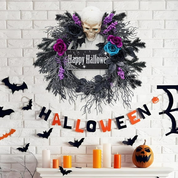 Homhougo 22" Halloween Wreath with LED Lights, Spooky Blue Purple Black Roses & Ribbon, Front Door Indoor Outdoor Decor for Fireplace, Porch & Party