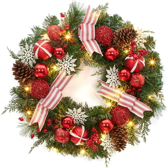 Homhougo 24" Red White Pre-Lit Christmas Wreath with Metallic Balls, Battery LED Lights, Pine Cones & Ribbon, Indoor Outdoor Holiday Door Decor