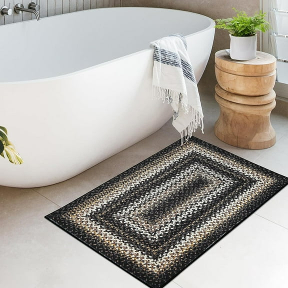 Homhougo 2x3 Washable Boho Entryway Rug, Non-Slip, Low Pile, Faux Wool Distressed Area Rug, Small Throw Carpet for Kitchen, Bathroom, Indoor Door Mat, Black