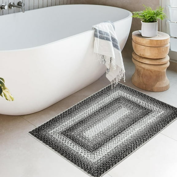 Homhougo 2x3 Washable Boho Entryway Rug, Non-Slip, Low Pile, Faux Wool Distressed Area Rug, Small Throw Carpet for Kitchen, Bathroom, Indoor Door Mat, Grey