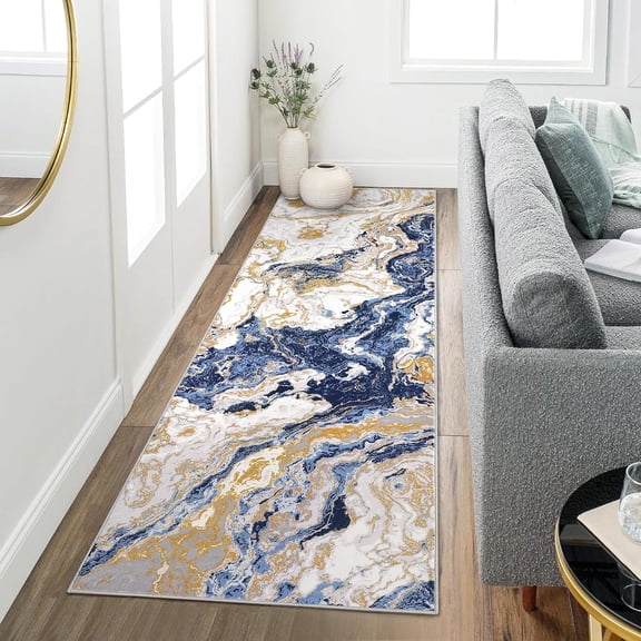 Homhougo 2x6 Washable Abstract Marble Area Rug, Soft Modern Non-Slip Luxury Carpet for Living Room, Bedroom, High Traffic Kitchen Entryway, Blue