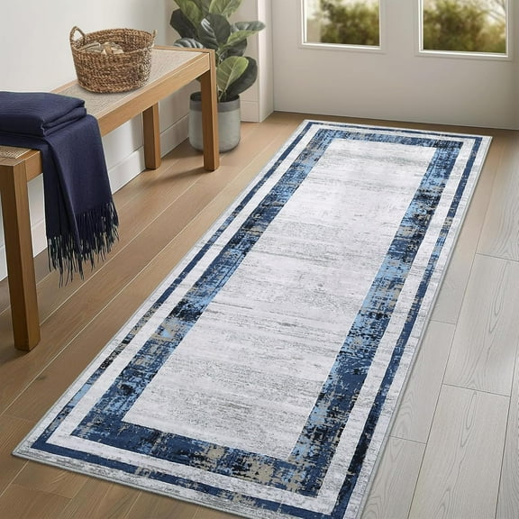 Homhougo 2x6 Washable Runner Rug, Non-Slip Soft Distressed Minimalist Modern Border, Stain Resistant Kitchen Hallway Carpet, Navy Blue
