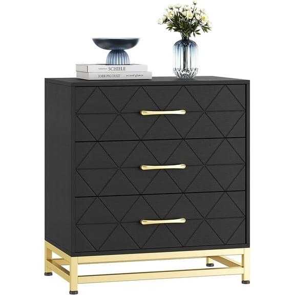 Homhougo 3 Drawer Dresser, Wood Chest Drawers with Storage for Closet, Bedroom, Drawers Dresser Modern Bedside Nightstand with Gold Handles,Black