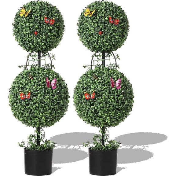 Homhougo 3 FT Artificial Double Ball Topiary Trees, Artificial Plants Outdoor with Vines & Insects Decoration, Topiary Trees for Home Offices Porch Decor, Set of 2