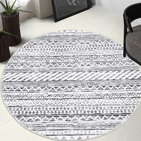 Homhougo 3 Ft Boho Round Rug, Moroccan Vintage Low-Pile Washable Rug with Non-Slip Backing, Accent Mat for Bedroom, Kitchen, Living Room, Laundry, Nursery, or Dining Room, Light Grey