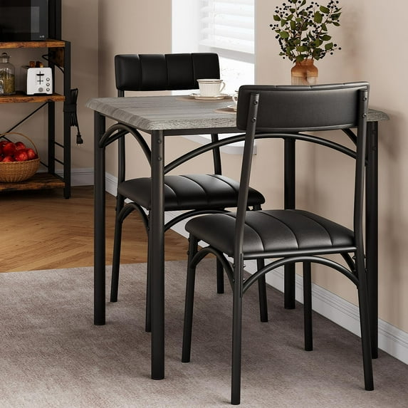 Homhougo 3 Piece Dining Table Set for 2, Square Table with 2 Upholstered Chairs, Retro Gray