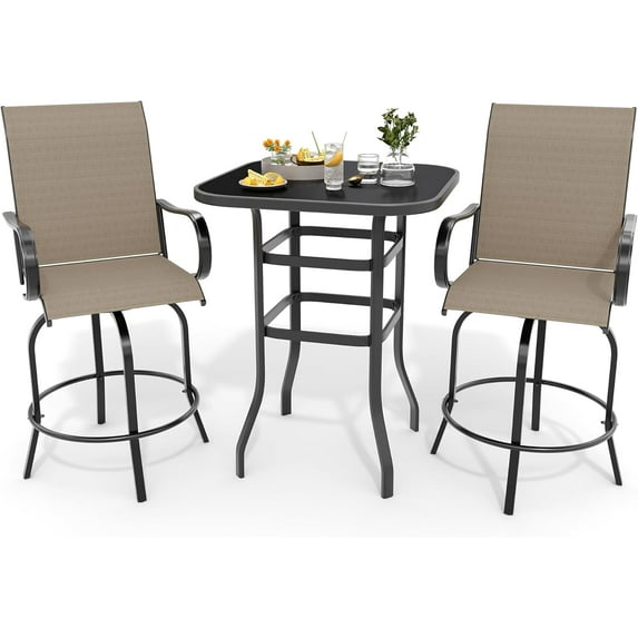 Homhougo 3 Piece Patio Swivel Bar Sets, 3PCS Outdoor High Top Bar Set with 2 Outdoor Swivel Chairs and Glass Bar Table, Patio High Top Bar Table and Stools Chairs Set All Weather Textile Fabric