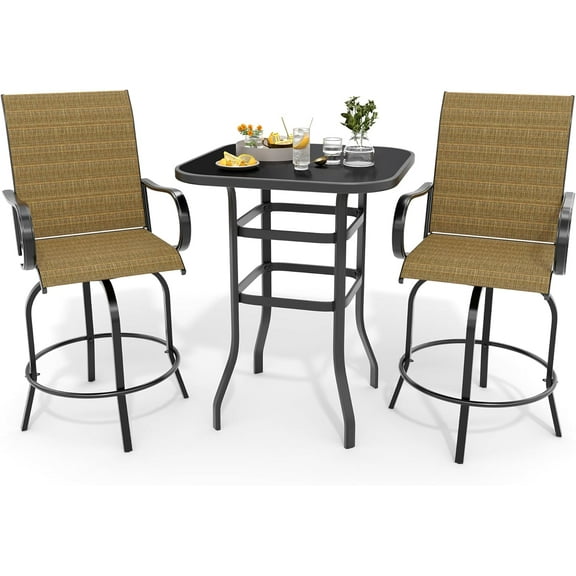 Homhougo 3 Piece Patio Swivel Bar Sets, 3PCS Outdoor High Top Bar Set with 2 Outdoor Swivel Chairs and Glass Bar Table, Patio High Top Bar Table and Stools Chairs Set All Weather Textile Fabric
