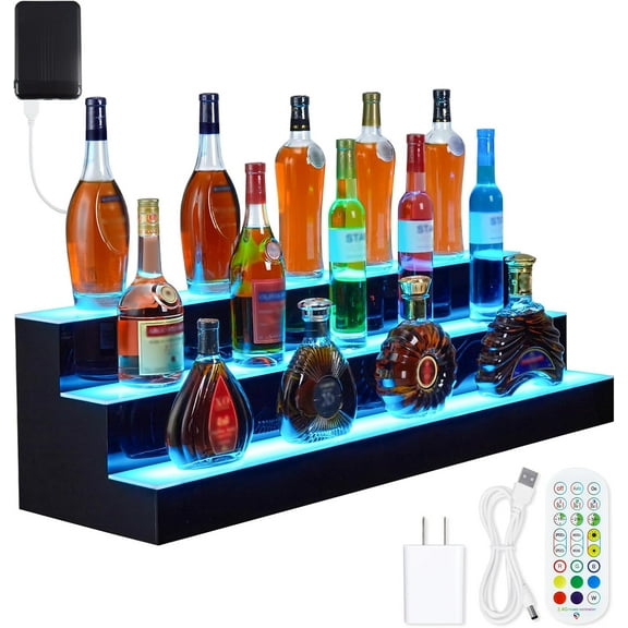 Homhougo 3-Step 40 Inch Liquor Bottle Display Shelf, Commercial Bar Display Shelf with Remote & App Control, 4 Modes, Bottle Stand Multi-Color Lighting Modes for Home Mini Bar Display, Home Storage