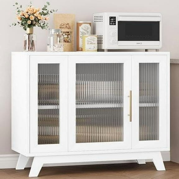 Homhougo 36 Inch Sideboard Buffet, Decorative Cabinet with Fluted Glass Doors and Adjustable Shelves, Modern Coffee Bar Cabinet for Kitchen, Dining Room