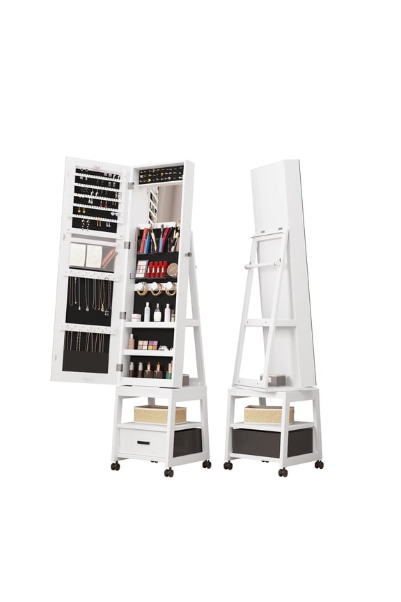 —360° Swivel Jewelry Armoire, Floor Standing Locking Jewelry Armoire with Full Length Mirror,Bottom Drawer, Shelf, Wheels,White Jewelry Cabinet with Large Storage Capacity (White push-pull)