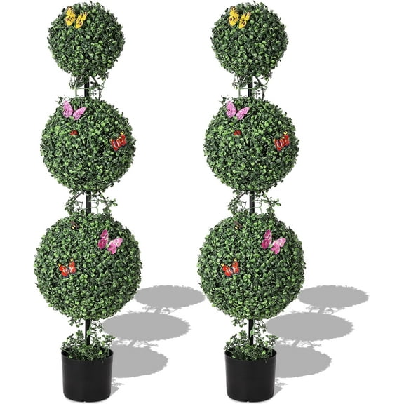 Homhougo 4 FT Artificial Triple Ball Topiary Trees, Artificial Plants Outdoor with Vines & Insects Decoration, Topiary Balls Trees for Home Offices Porch Decor, Set of 2