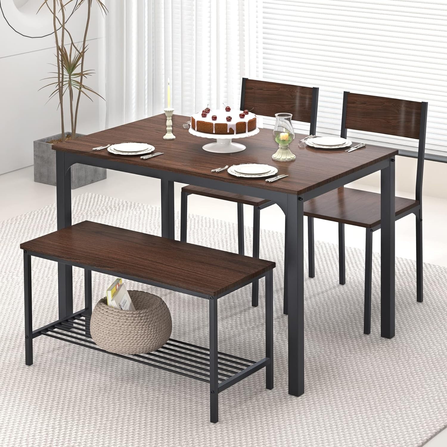 Homhougo 4-Piece Kitchen Table and 2 Chairs for 4 with Bench, Dining ...