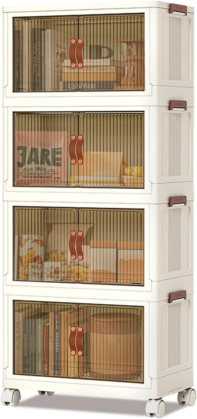 Homhougo 4 Tier Foldable Collapsible Storage Cabinet, Plastic Storage Cabinet With Magnetic Doors & Wheels, Organization and Storage Boxes for Craft, Home, Pantry, Office