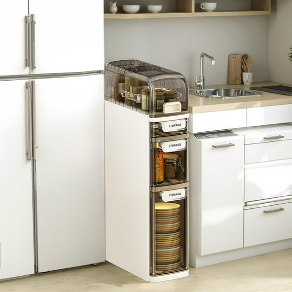 Homhougo 4-Tiers Slim Bathroom Storage Cabinet, Narrow Storage Waterproof Skinny Bathroom Cabinet with Wheels and Toilet Paper Holder for Small Spaces, Bathroom, Kitchen