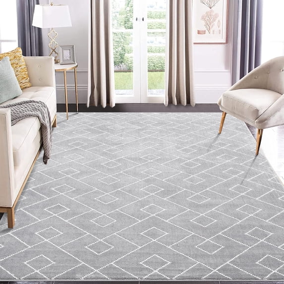 Homhougo—4' x 6' Shag Area Rug Modern Moroccan Geometric Rug Soft Fluffy Rug Low Pile Non-Shedding Floor Carpet for Nursery Kitchen, Light Grey