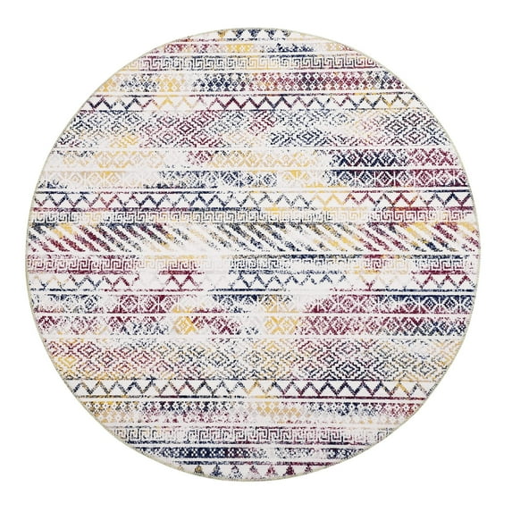 Homhougo- 4'x4' Geometric Boho Round Rug Farmhouse Moroccan Indoor Low Pile Non-Shed Area Rug Machine Washable Circle Rug Home Decor, Multi
