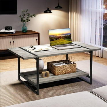 Homhougo—41'' Large 2-Tier Gray Wood Coffee Table with Storage Shelf - Farmhouse Modern Rustic Metal Rectangle Center Living Room Coffee Table Accent Furniture for Home Office