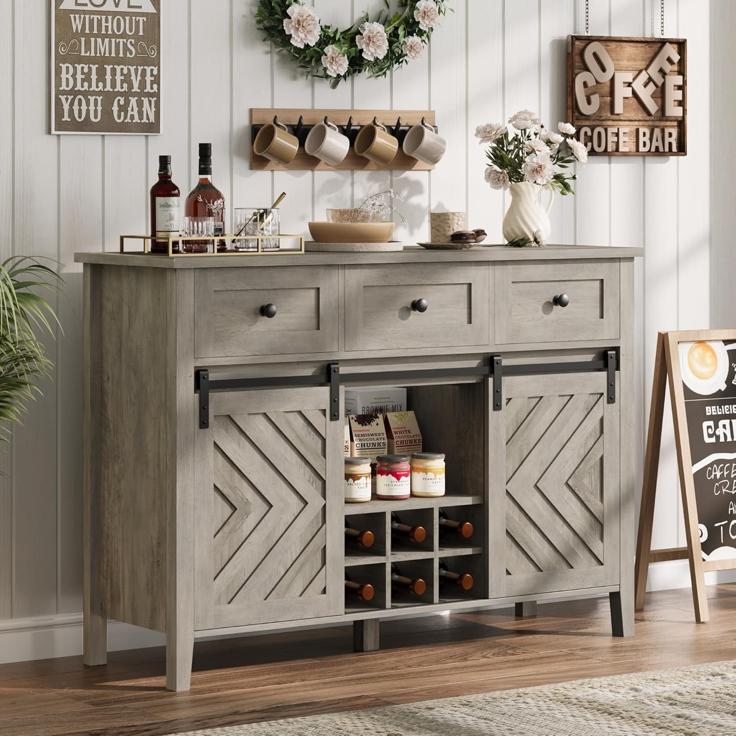 Homhougo 47.2'' Farmhouse Buffet Cabinet with Sliding Barn Door, Rustic  Sideboard with 3 Drawer, Removable Wine Rack, Farmhouse Sideboard with  Adjustable Shelf for for Dining Room, Kitchen, Vintage - Walmart.com, image size:1500x1500
