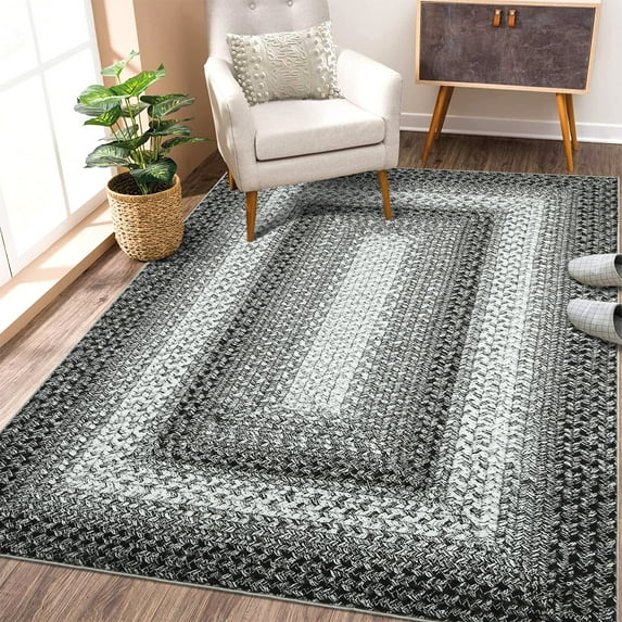 Homhougo—4x6 Braided Pattern Rug Farmhouse Area Rug Washable Print Rug Indoor Throw Floor Carpet Soft Foldable Thin Rug for Dining Room Office, Gray
