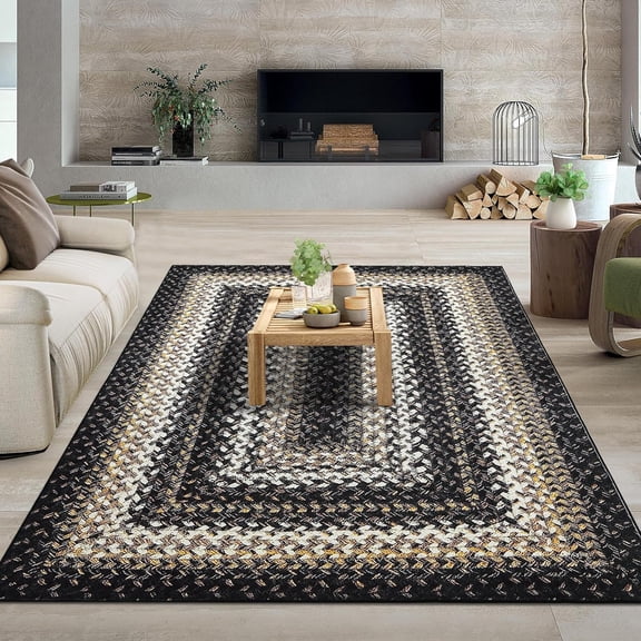 Homhougo 4x6 Washable Boho Entryway Rug, Non-Slip, Low Pile, Faux Wool Distressed Area Rug, Small Throw Carpet for Kitchen, Bathroom, Indoor Door Mat, Black