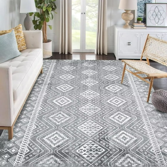 Homhougo—4x6 Washable Rug Moroccan Distressed Print Area Rug Non Slip Rug Foldable Geometric Rug Low Pile Indoor Floor Carpet for Home Decor, Gray