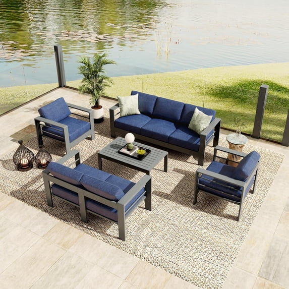 Homhougo 5 Pieces Aluminum Patio Furniture Set, Outdoor Sectional Conversation Set Sectional Sofa with Coffee Table & Thick Cushions, Dark Gray & Navy Blue Cushion