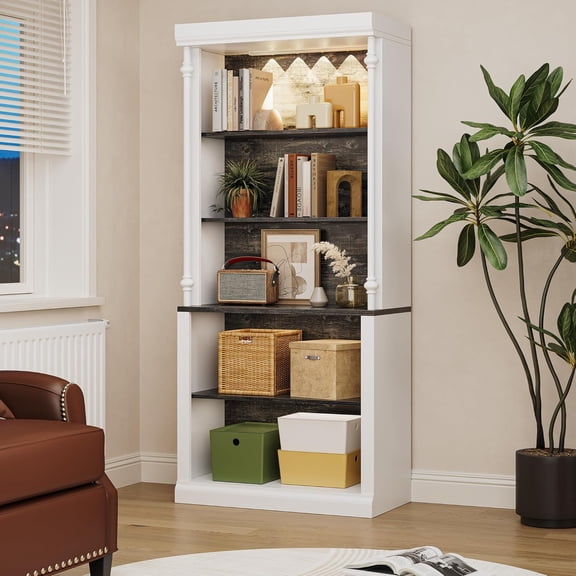 Homhougo 5-Tier Open Bookcase with LED Lights, Freestanding Roman Column Bookshelf, White & Black Adjustable Display Shelves for Home Office or Living Room