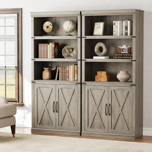 Homhougo 5-Tier Wooden Bookshelves with Cabinet Doors and Bookcases with Doors Floor Bookshelves and Office Storage Cabinets for Home Office