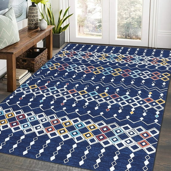 Homhougo—5' x 7' Washable Rug Vintage Rug Moroccan Geometric Rug Retro Boho Rug Indoor Print Rug for Bedroom Living Room Dining Room Office, Blue