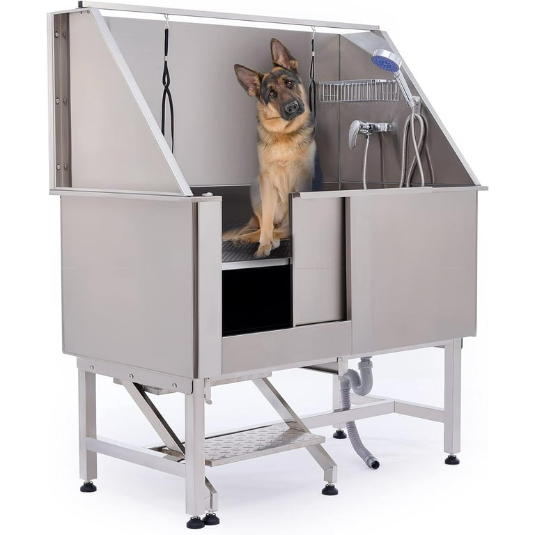 Homhougo 50 Inch Pets Dog Grooming Tub Stainless Steel Pet Dog Bath Tub Professional Home Large Dog Wash Station with Steps Faucet Accessories