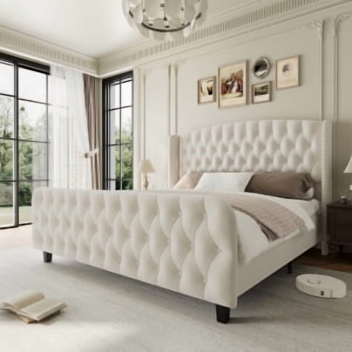 Homhougo 51" Tall Queen Size Bed Frame with Deep Button Tufted Wingback Headboard and Footboard, Velvet Upholstered Platform Bed Frame, No Box Spring Needed, Easy Assemble, Cream