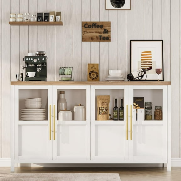 Homhougo 55" Large Buffet Cabinet with 4 Glass Doors, Sideboard Buffet Cabinet with Storage, Modern Farmhouse Storage Cabinet Table for Kitchen Dining Room, Living Room, White