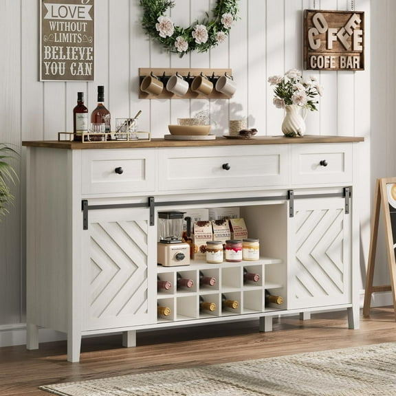 Homhougo 59'' Farmhouse Buffet Cabinet with Sliding Barn Door, Rustic Sideboard with 3 Drawer, Removable Wine Rack, Farmhouse Sideboard with Adjustable Shelf for for Dining Room, Kitchen, White