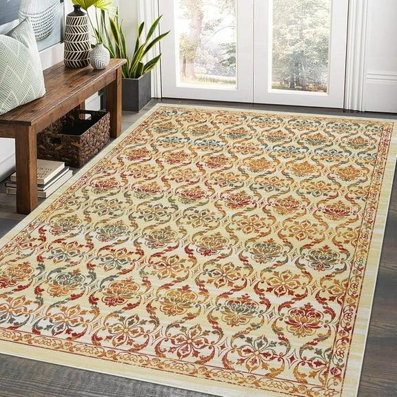 Homhougo 5x7 Modern Floral Washable Area Rug, Non-Slip Low Pile Trellis Boho Carpet, Ultra-Thin Non-Shedding Living Room Bedroom Rug, Multi Color