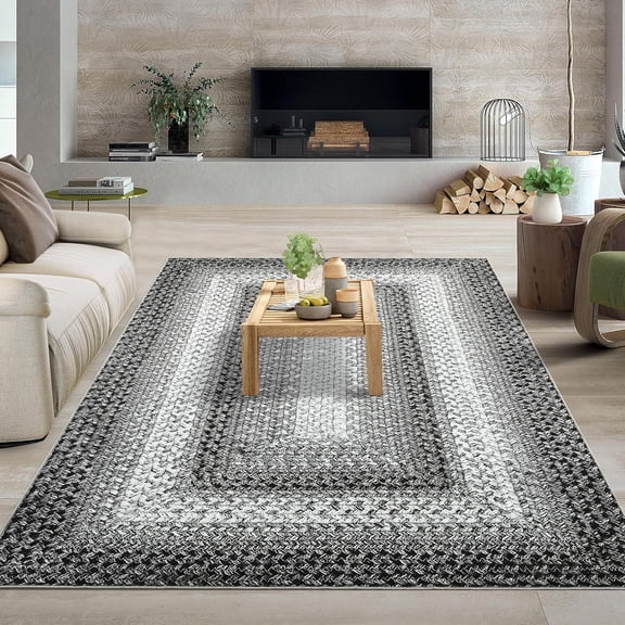 Homhougo 5x7 Washable Boho Entryway Rug, Non-Slip, Low Pile, Faux Wool Distressed Area Rug, Small Throw Carpet for Kitchen, Bathroom, Indoor Door Mat, Grey