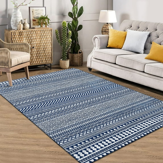 Homhougo 6'x9' Boho Washable Rug, Moroccan Vintage Low-Pile Area Rug, Non-Slip Backing Accent Mat for Bedroom, Kitchen, Living Room, Laundry, or Entryway, Blue