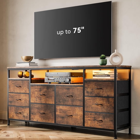 Homhougo 63" Dresser with 10 Fabric Drawers, Wide Dresser TV Stand with Built-in USB Ports & LED Lighting, Multi-Functional Storage Unit for 75 Inch TVs