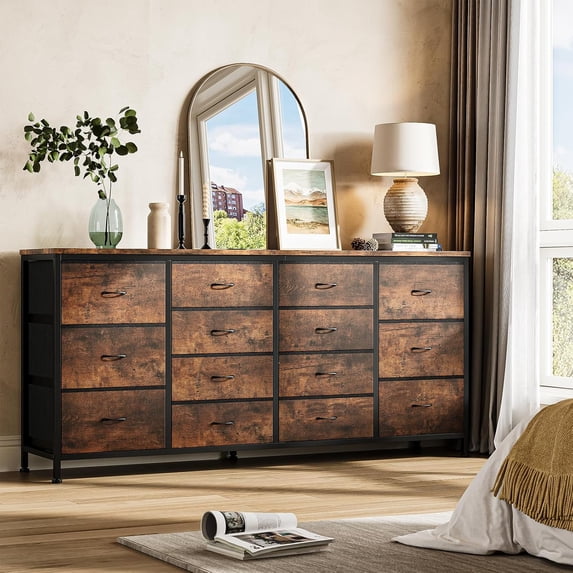 Homhougo 63" Dresser with 14 Fabric Drawers, Wide Dresser TV Stand with Built-in USB Ports, Multi-Functional Storage Unit for 75 Inch TVs