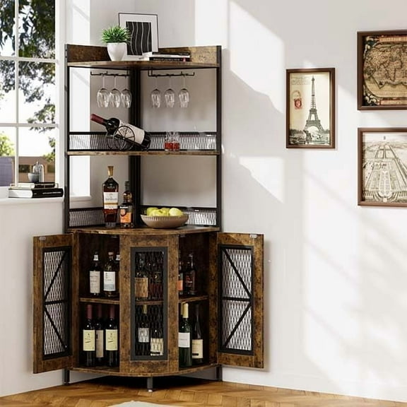 Homhougo 64" Tall Corner Bar Cabinet with LED Strip, 5-Tiers Industrial Bar Cabinet with Power Outlet and Glass Holder, Wine Cabinet for Home Bar, Display Cabinet for Small Space