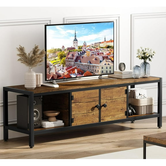 Homhougo 65" TV Stand for Television up to 75 Inches, TV Stand with Storage, Entertainment Center with Adjustable Legs, Rustic TV Stand with Open Shelves & 2 Doors for Living Room, Rustic Brown
